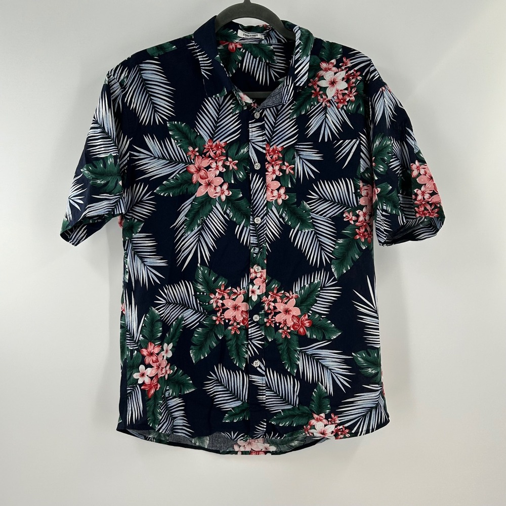 Coofandy‎ Mens Medium Tropical Floral Palm Print Button Down Shirt Navy Pink 661